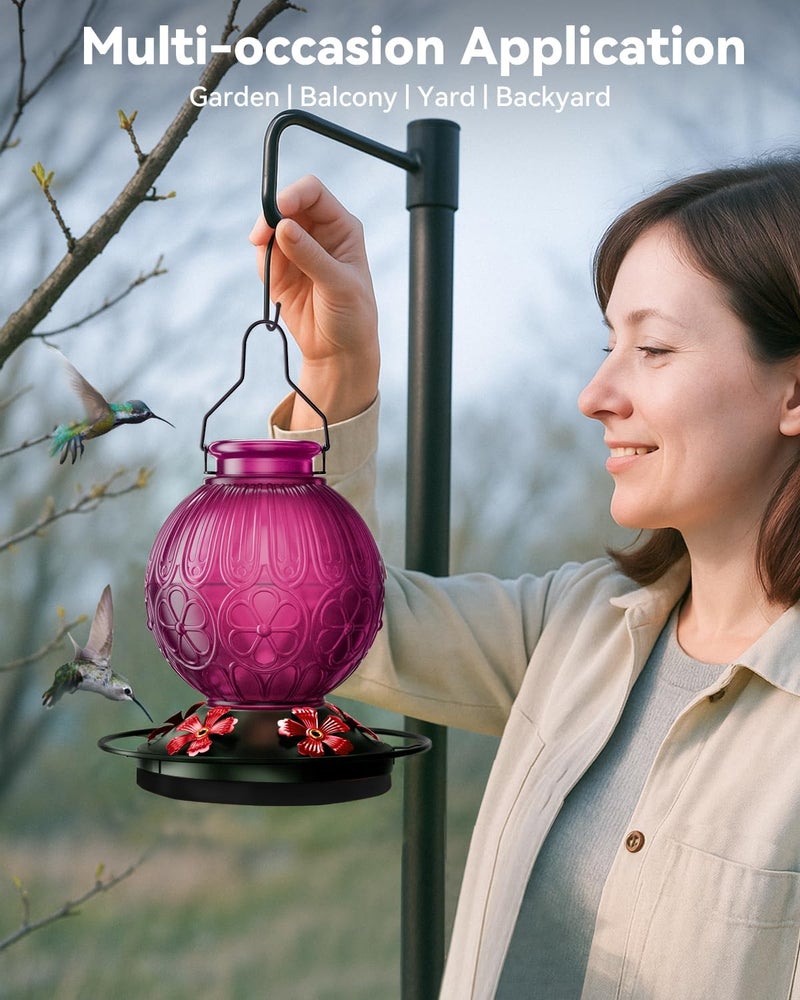 solawngarden 26Oz Hummingbird Feeder for Outdoors, Vintage Glass Bird Feeder with Perch, Durable & Easy to Clean, Hanging Nectar Feeder for Garden, Yard, Deck – Gift for Bird Lovers (Violet) - Image 3